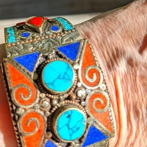 Tibetan Cuff, NOT STERLING in Coral, Turquoise, Lapis